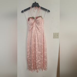 Lulu's Blush Pink Satin Maxi Dress with Floral Trim